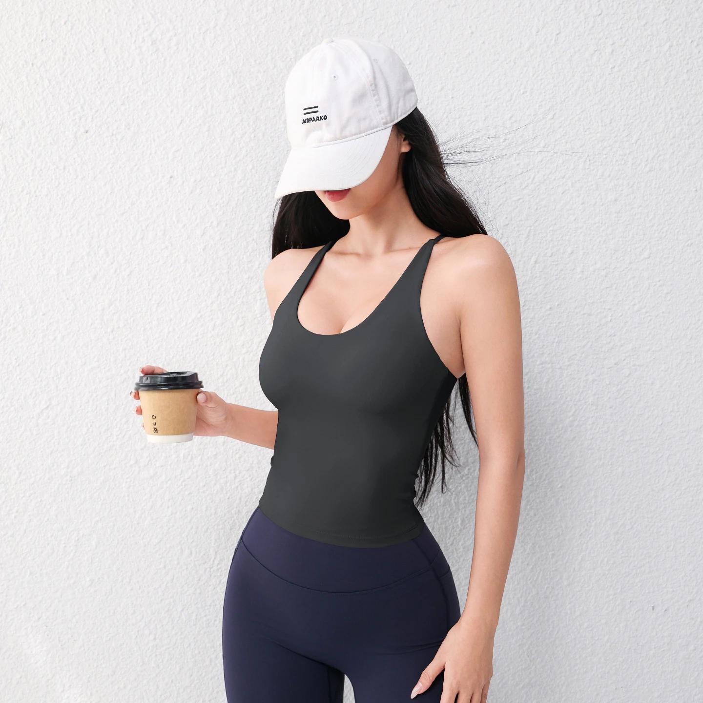 Gilet de Yoga à col en U pour femmes, avec coussinet de poitrine, haut de sport, respirant, conforta