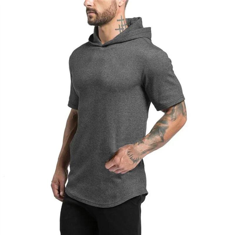 T-shirt à capuche en coton pour homme, coupe slim, respirant, à manches courtes, pour la musculation