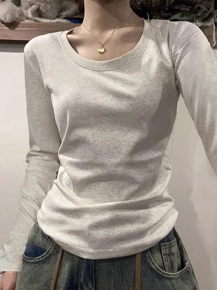 Col en U à manches longues T-Shirt femmes automne hiver nouveau coton mince haut décontracté basique