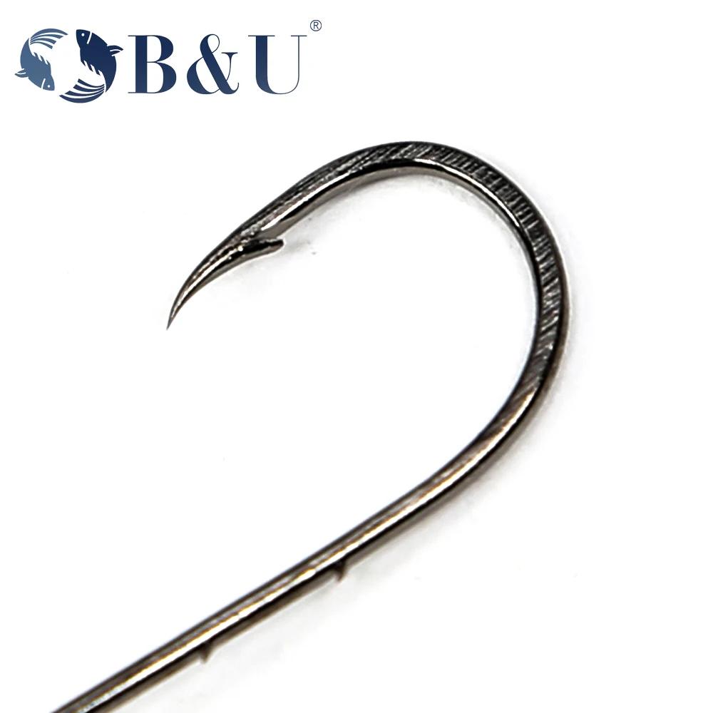B & U-Hameçon de pêche Big Eye, longue tige, barbelé, rond, joint plié, grand anneau, ver, crochet, 