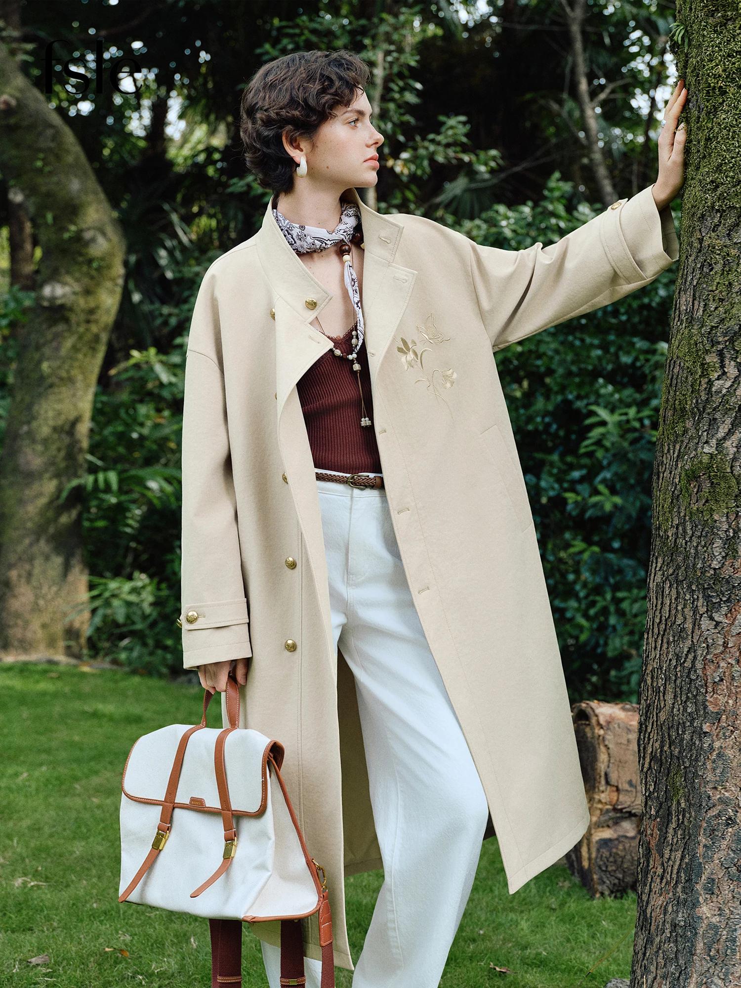 Manteau long kaki FSLE brodé de style chinois à col montant classique pour femme, collection Printem