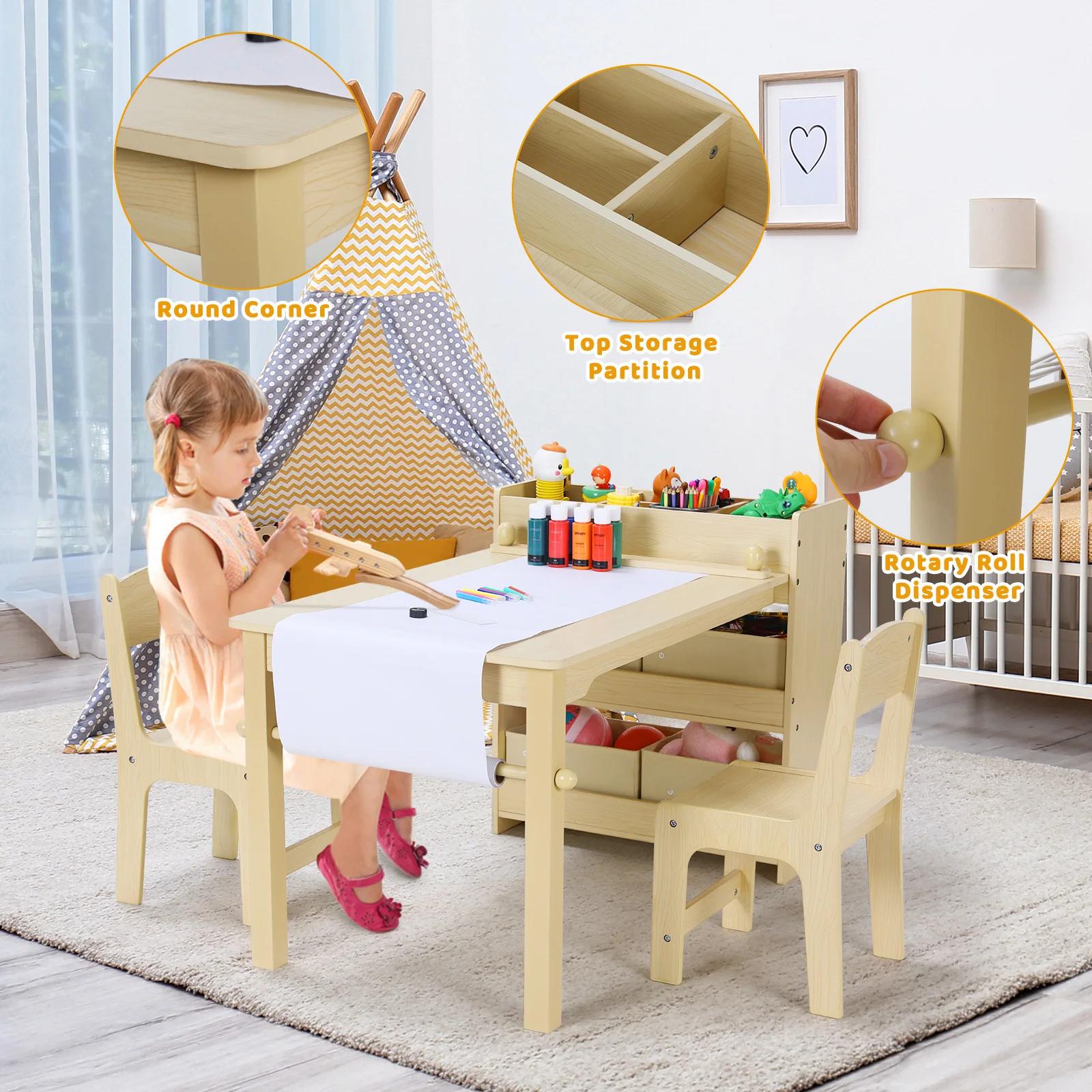 AOOU-Table d'Art et 2 Chaises pour Enfant, Bureau de Dessin Artisanal avec Grandes Étagères de Range