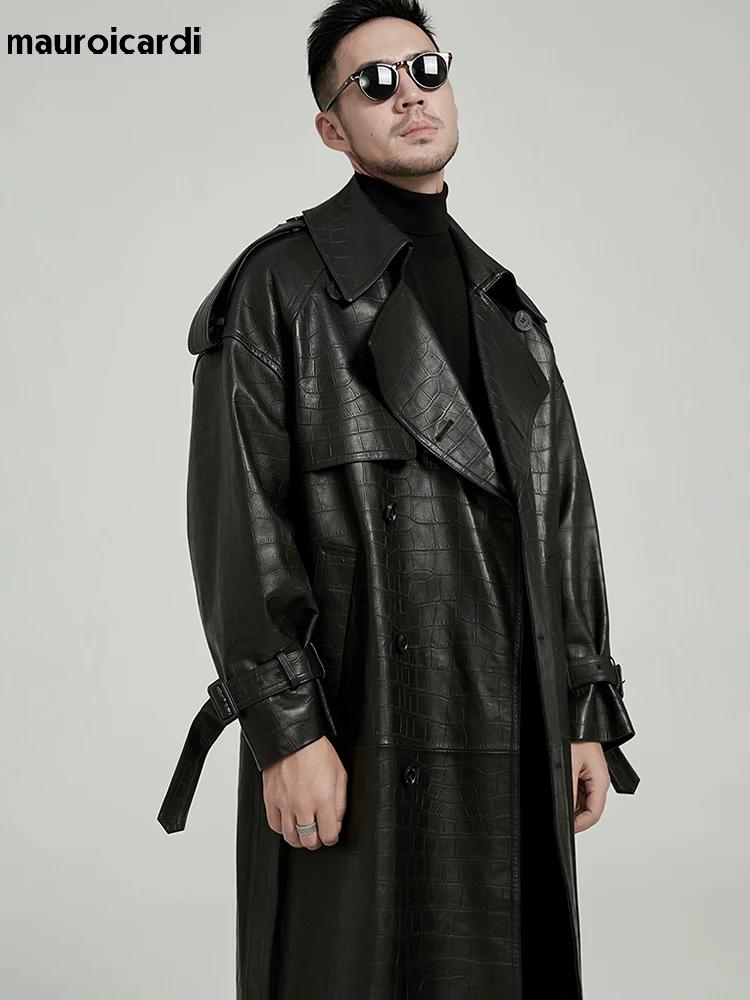 Mauroicardi printemps automne longue noir Crocodile imprimé Pu cuir Trench manteau hommes ceinture D