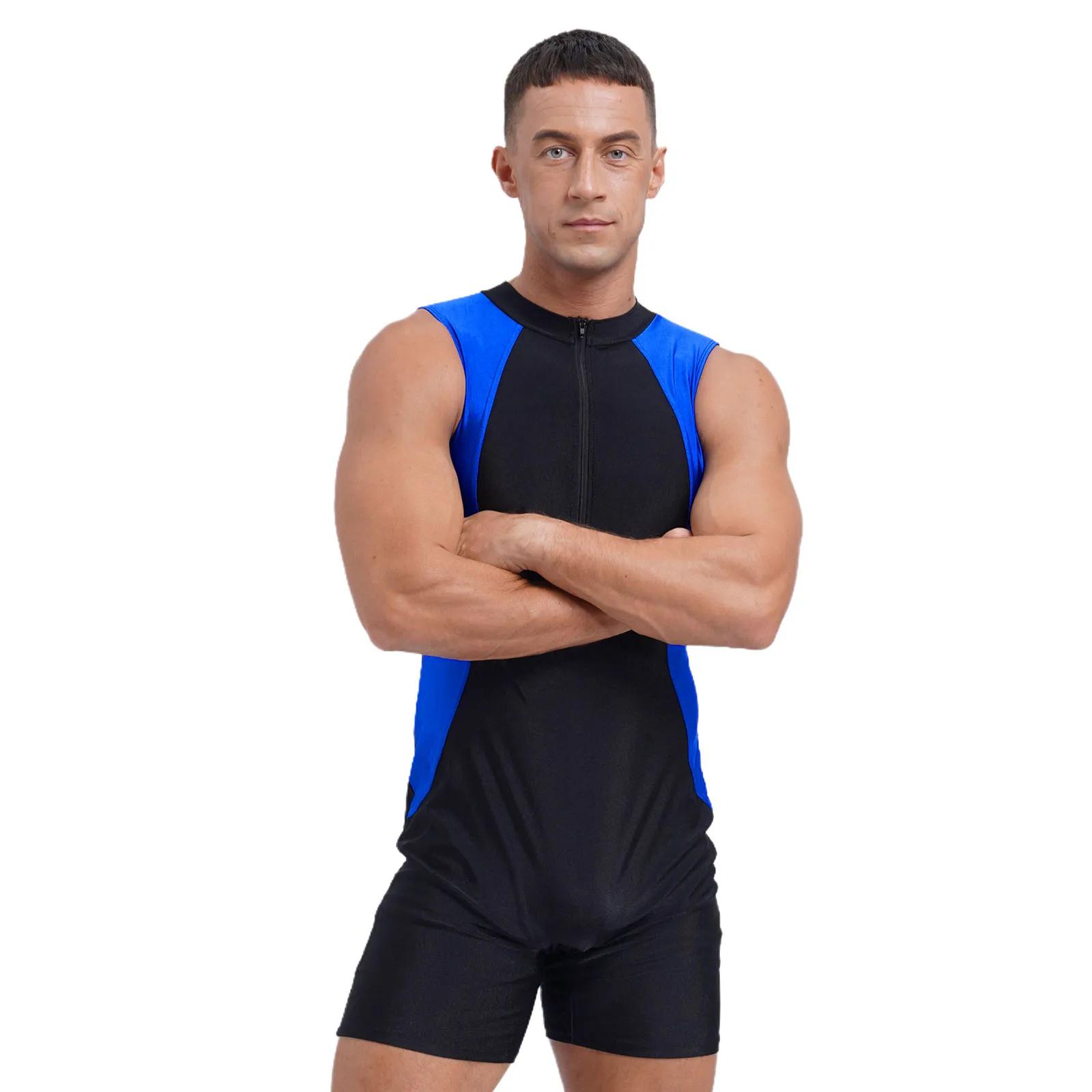 Maillot de bain une pièce pour hommes, bloc de couleurs, col rond, sans manches, fermeture éclair su