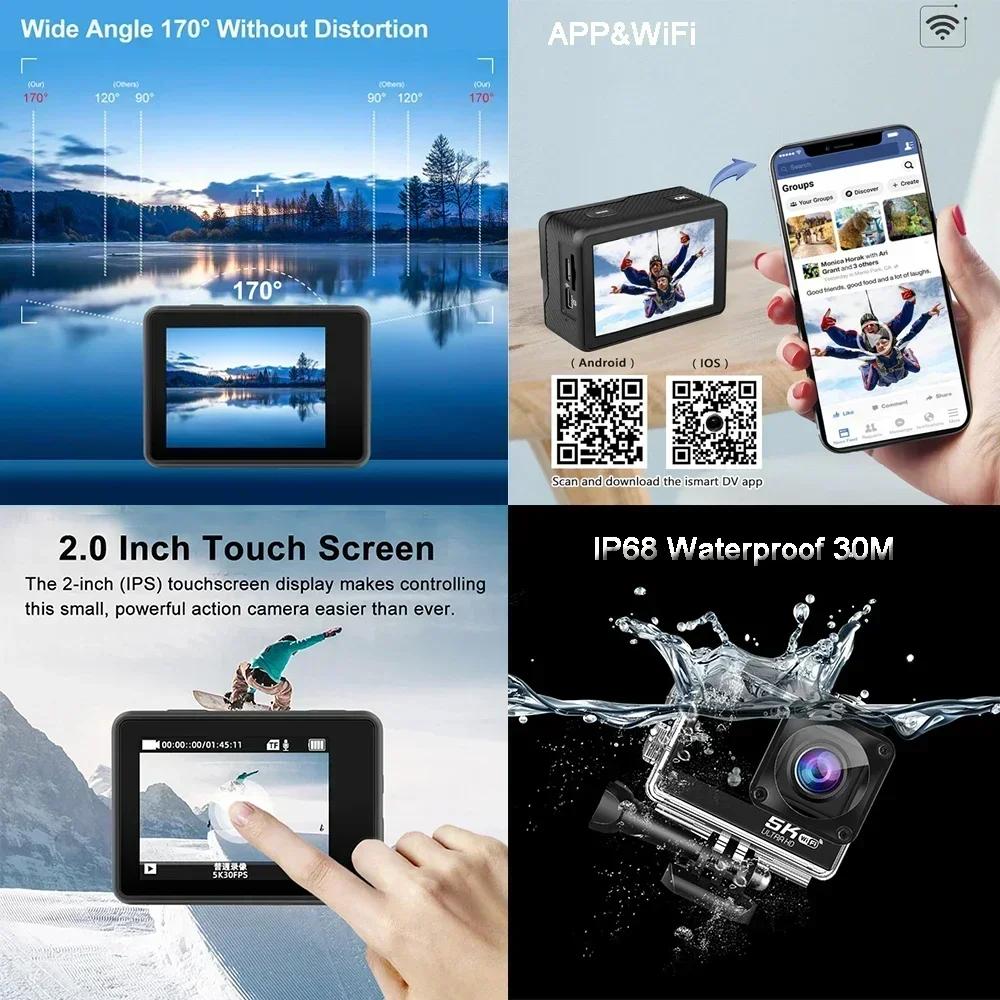 Caméra d'action 5K 4K60FPS EIS 48MP Wi-Fi double écran 170D 8X Zoom pré-enregistrement 30M caméra de