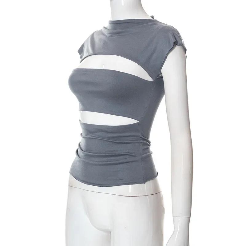 Sexy Wrap poitrine évider col roulé mince t-shirt femmes manches courtes chemise à bascule dames t-s