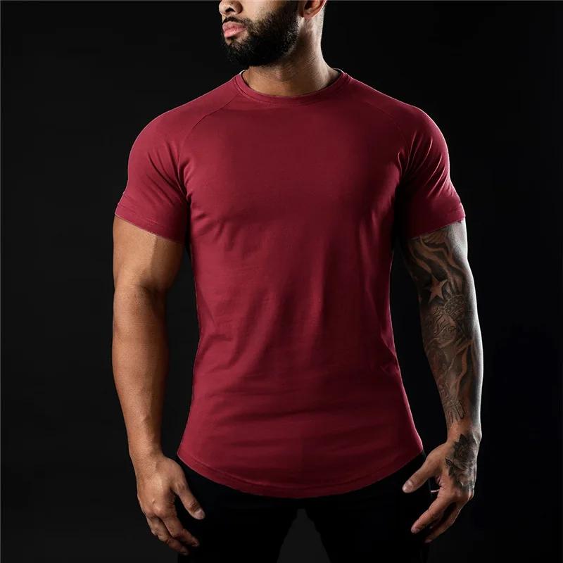 T-shirt de gymnastique uni pour hommes, vêtements de Fitness d'été, col rond, manches courtes, en co