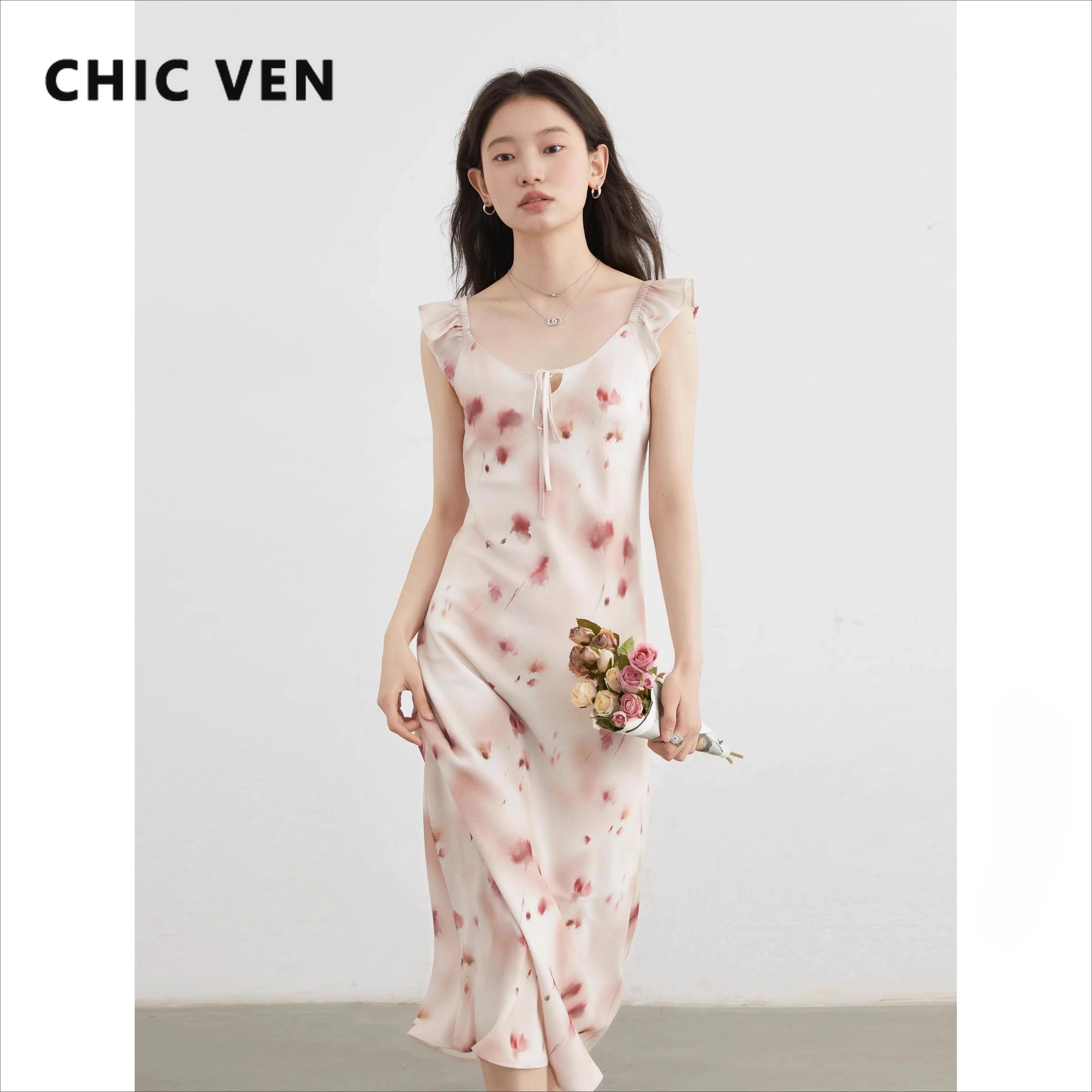 CHIC VEN femmes robes rétro mince décontracté nouveau col en U Halo imprimé petite sans manches long