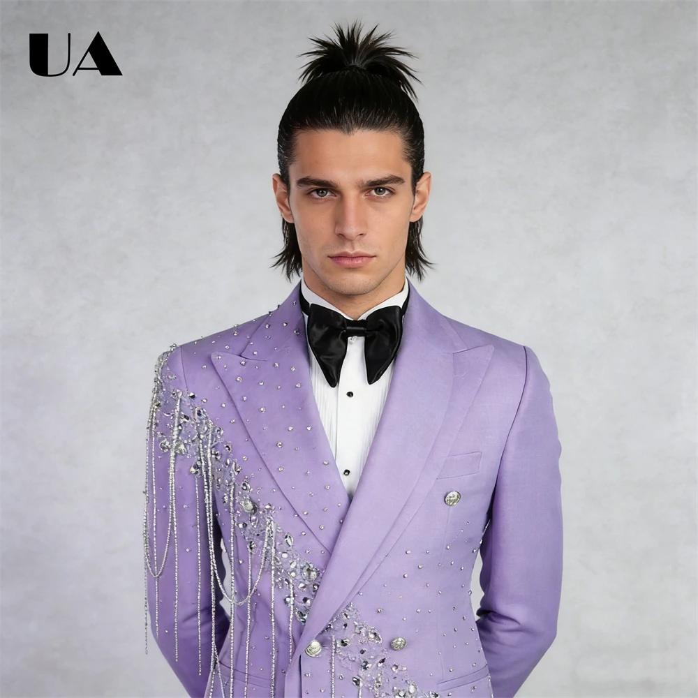 Costume de mariage lilas pour marié, ensemble de costume 2 pièces avec pompons en strass, costume po