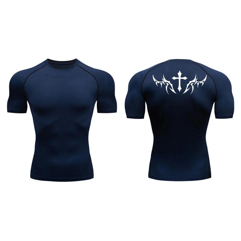 Chemises de Compression à manches courtes pour hommes, imprimé croisé, t-shirts athlétiques à séchag