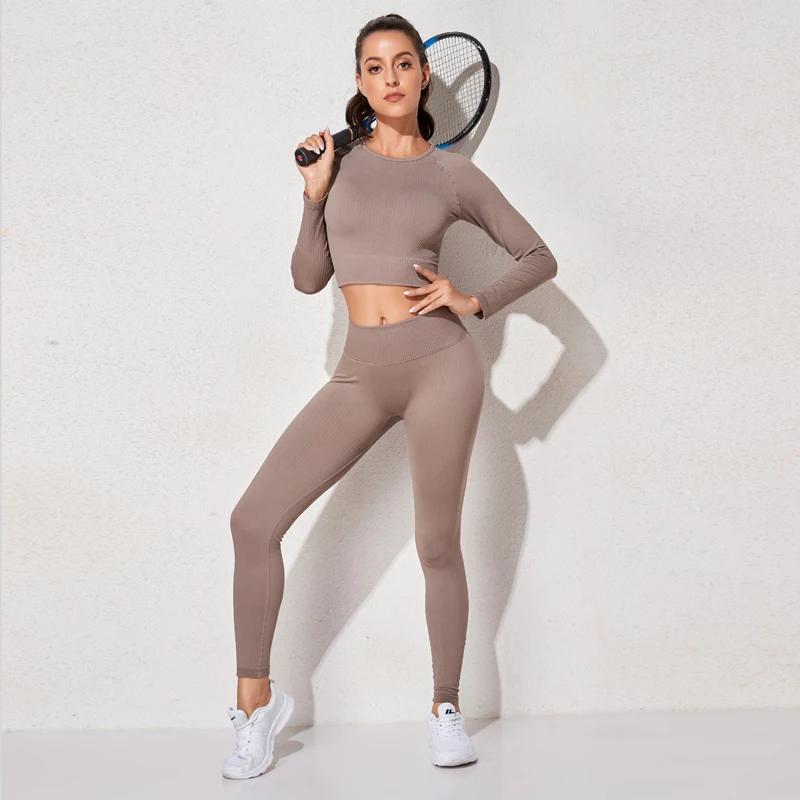 Ensemble yoga sans couture femme legging soutien-gorge fitness sport manches longues