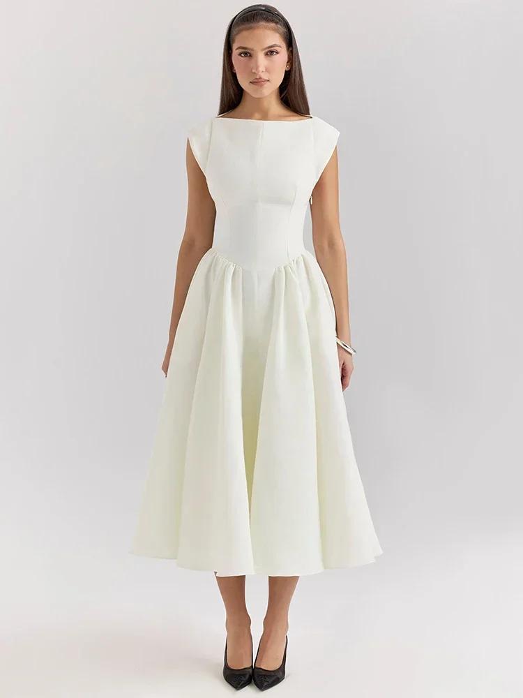 Oligai Robe Longue Crème Femme - Robe Élégante Manches Cape Dos Nu Coupe Cintrée Évasée pour Anniver