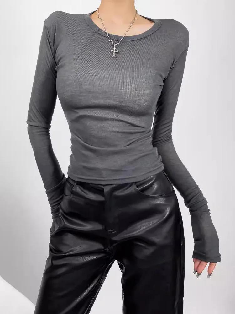 T-shirt semi-transparent à manches longues et col rond pour femme, coupe slim, printemps et été