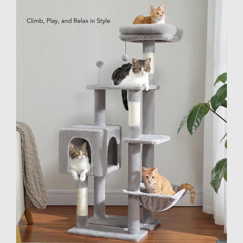 Grand condo pour chats d'intérieur, arbre à chat avec hamac, griffoirs, 2 perchoirs