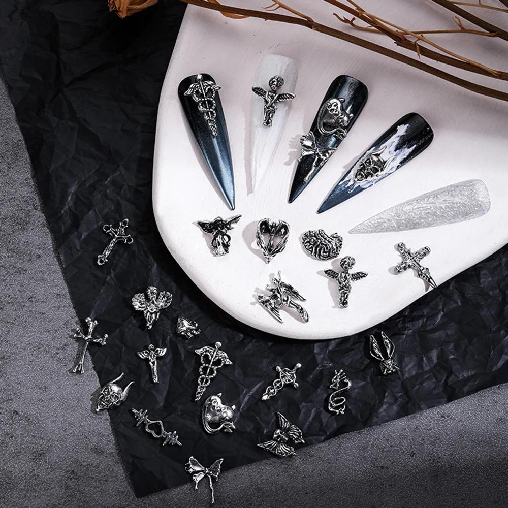 Mélange de styles pour Nail Art d'halloween, breloque croix argentée rétro 3D, décoration d'ongles p