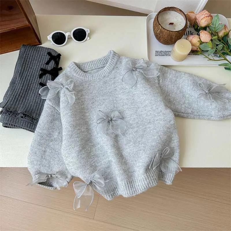 Chandails coréens de couleur unie pour filles, vêtements pour enfants avec nœud mignon, automne hive