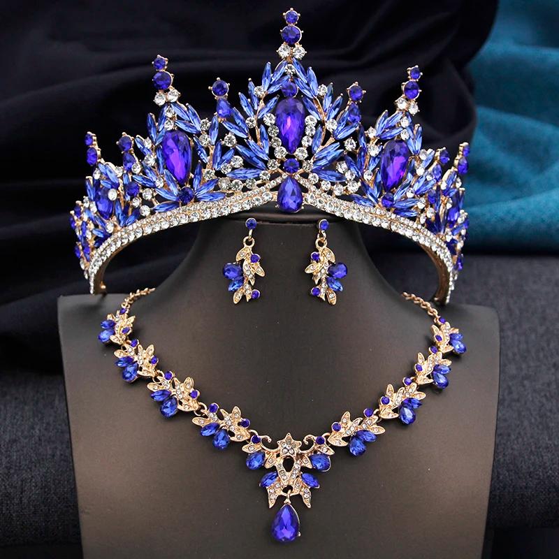 Diadèmes et couronnes avec collier et boucles d'oreilles pour femmes et filles, ensembles de bijoux 