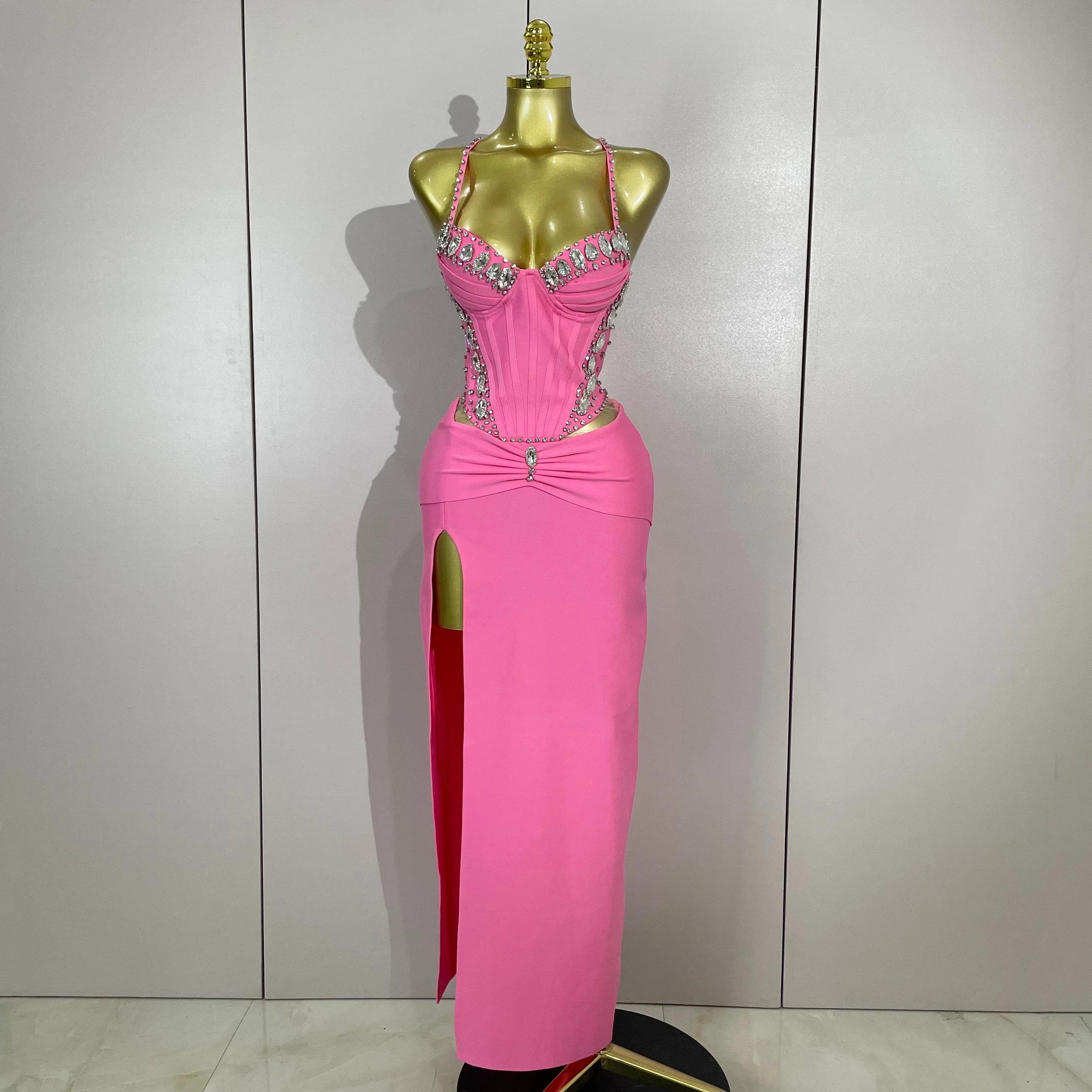 Robe à bandes rose, élégante, Sexy, dos nu, moulante, sans manches, pour femmes, bal, Club, soirée, 