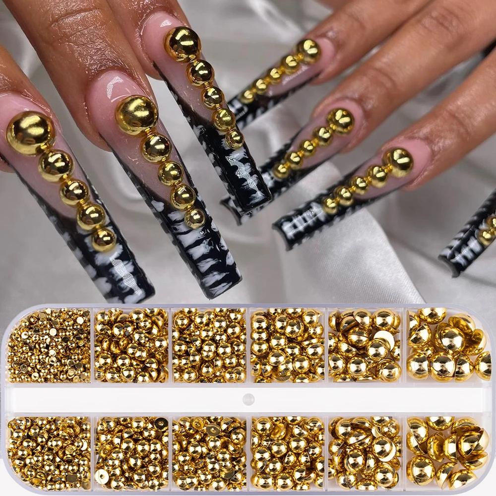 Perle de Caviar en métal demi-rond en argent brillant, 12 grilles, Rivets pour ongles, breloques 2/3