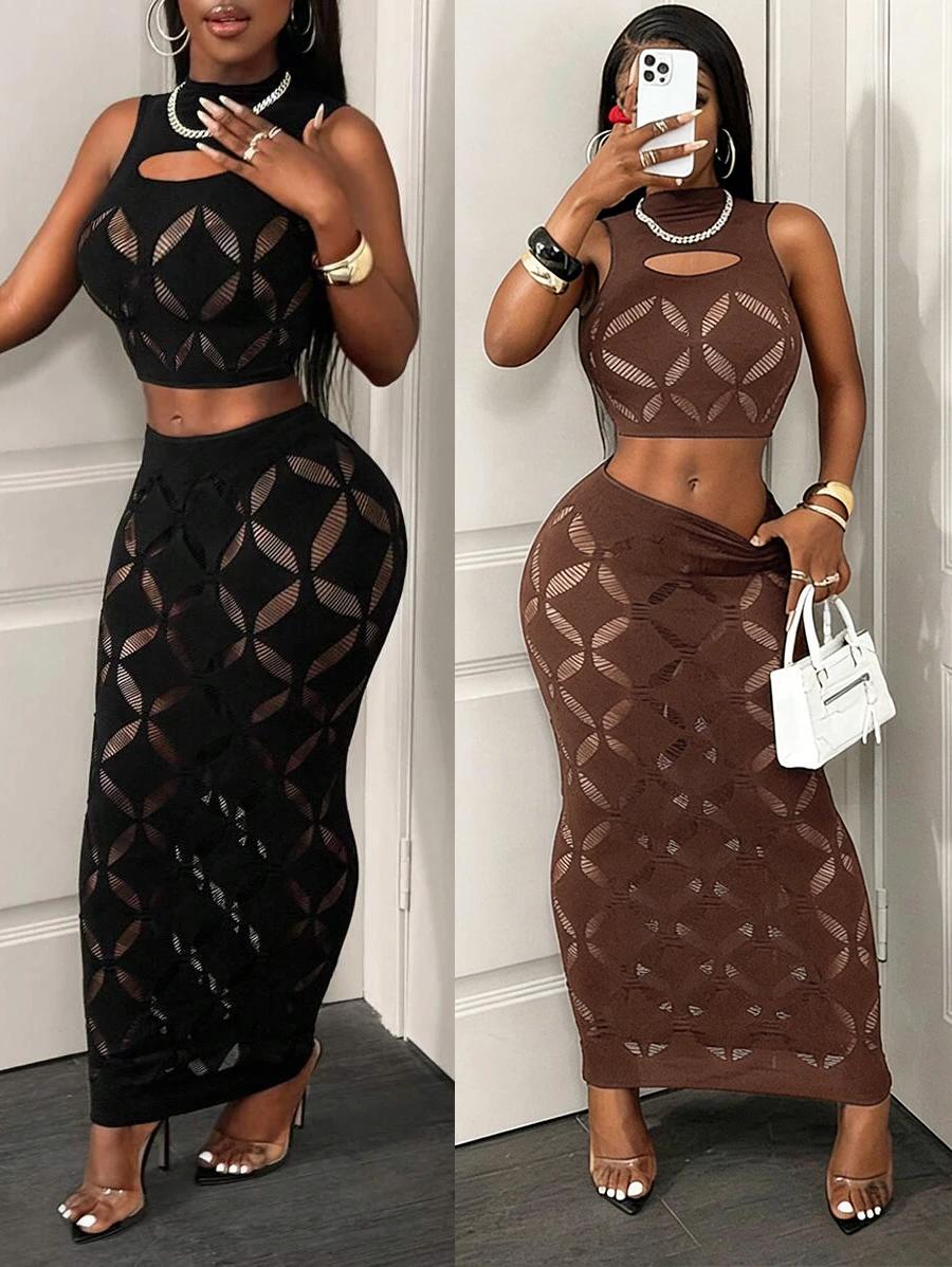 FHSEER Ensemble sexy 2 pièces grande taille pour femme, débardeur court en maille transparente ajour