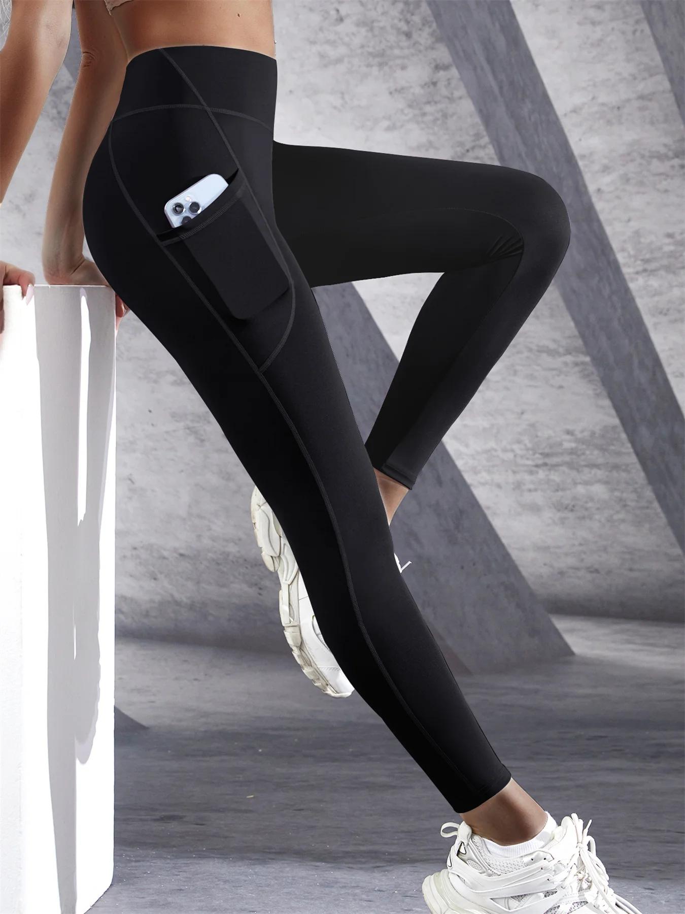 Leggings à poches latérales de couleur unie pour femmes, vêtements de sport taille haute, pantalons 