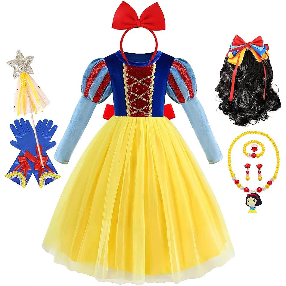 Robe de princesse Blanche-Neige pour Halloween, manches longues, en velours, costume pour enfants, f