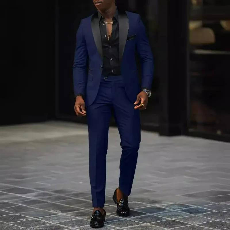 Ensemble 2 pièces KIDWHXR pour homme : Blazer patchwork à simple boutonnage et pantalon uni slim – T