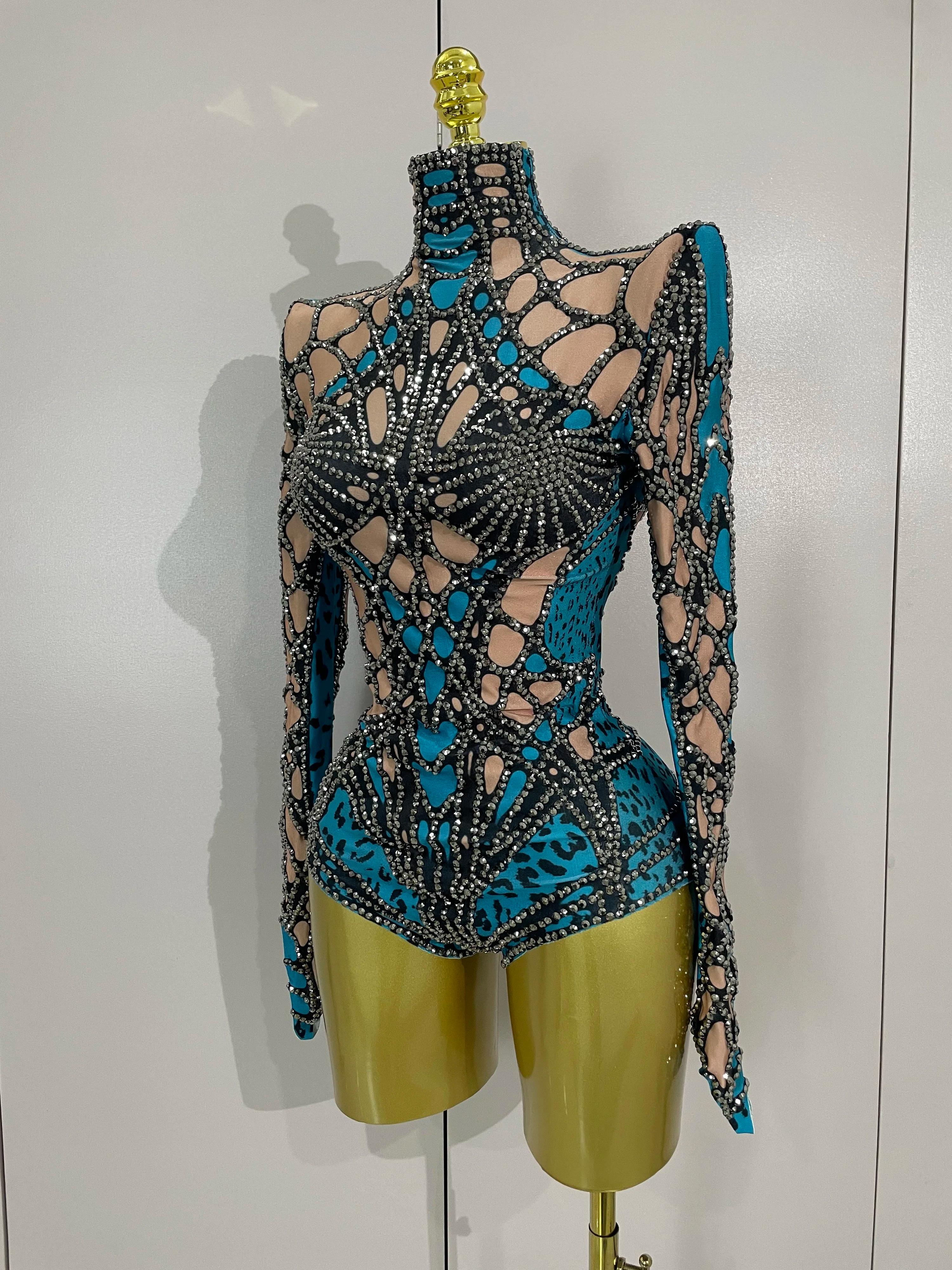 Body extensible à manches longues avec strass scintillants pour femmes, Costume de soirée de luxe po