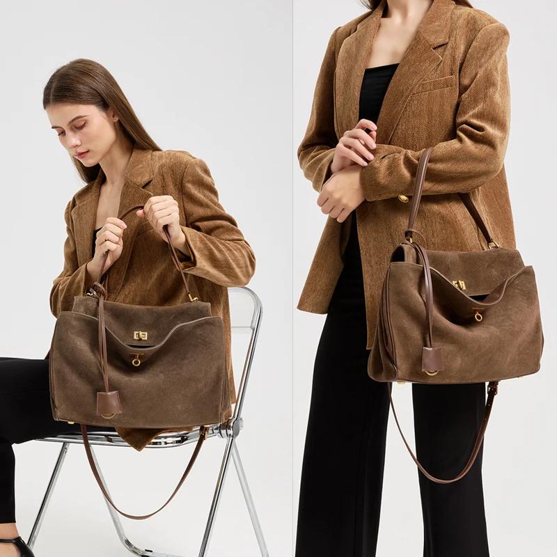 Sac à main en daim et cuir véritable pour femmes, sac à bandoulière de grande capacité, fourre-tout 