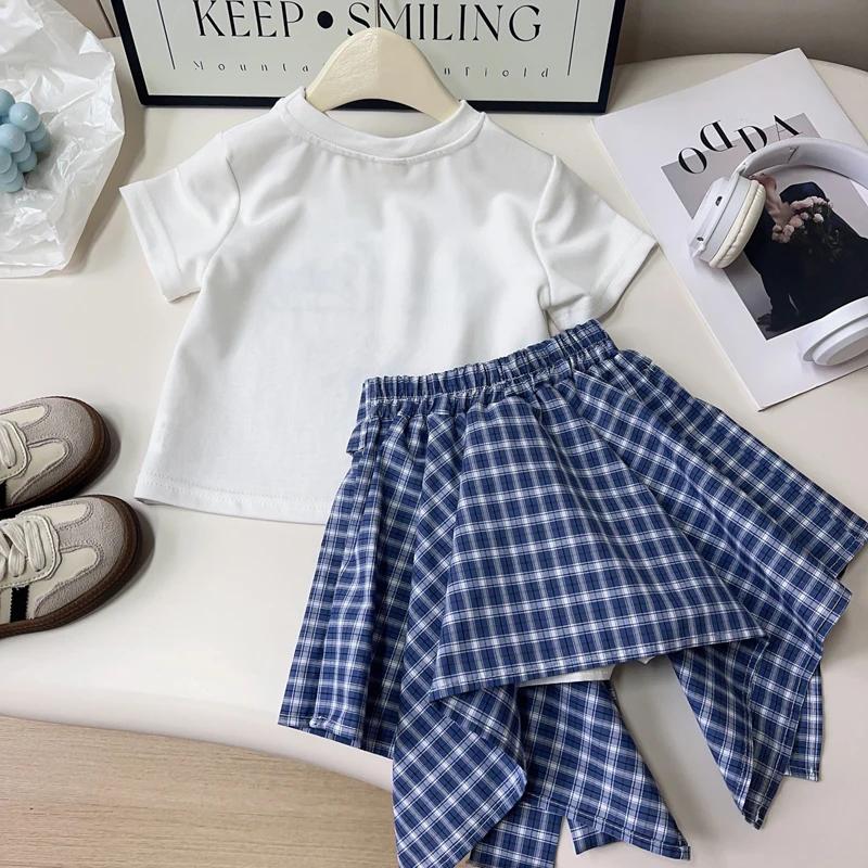 Ensemble de vêtements d'été pour filles, T-Shirt à manches courtes + jupe à carreaux imprimé ours de