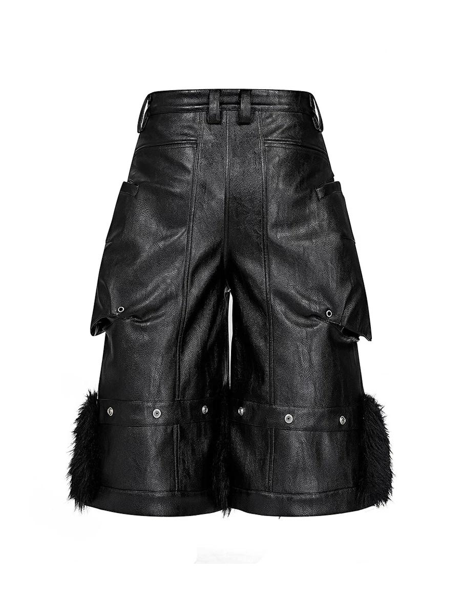 Mauroicardi automne noir fausse fourrure Patchwork Pu cuir Shorts pour hommes poches tridimensionnel