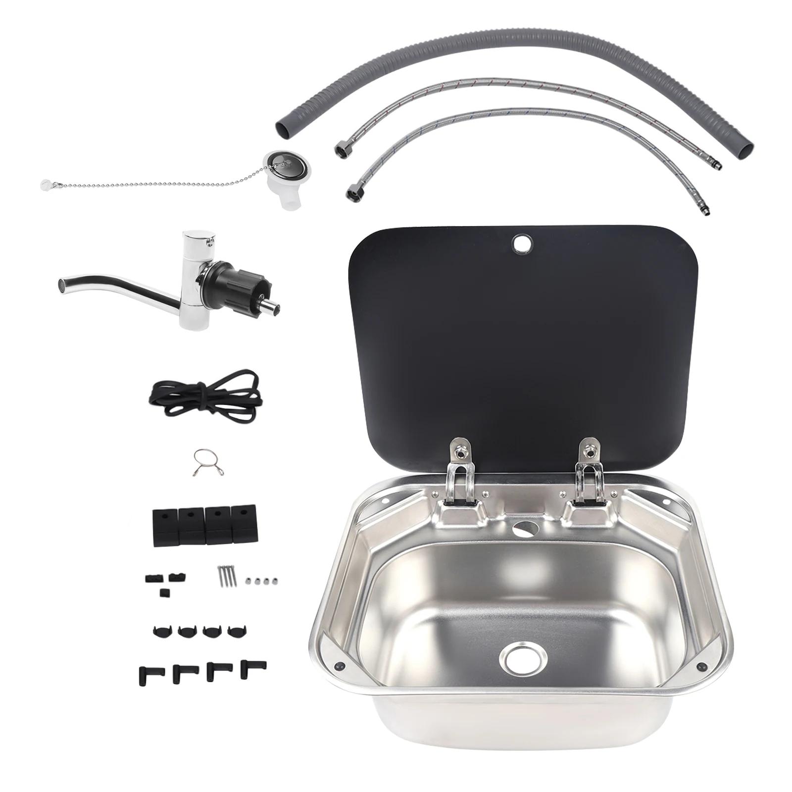Lavabo de camping-car en acier inoxydable, Lavabo à main avec couvercle en verre
