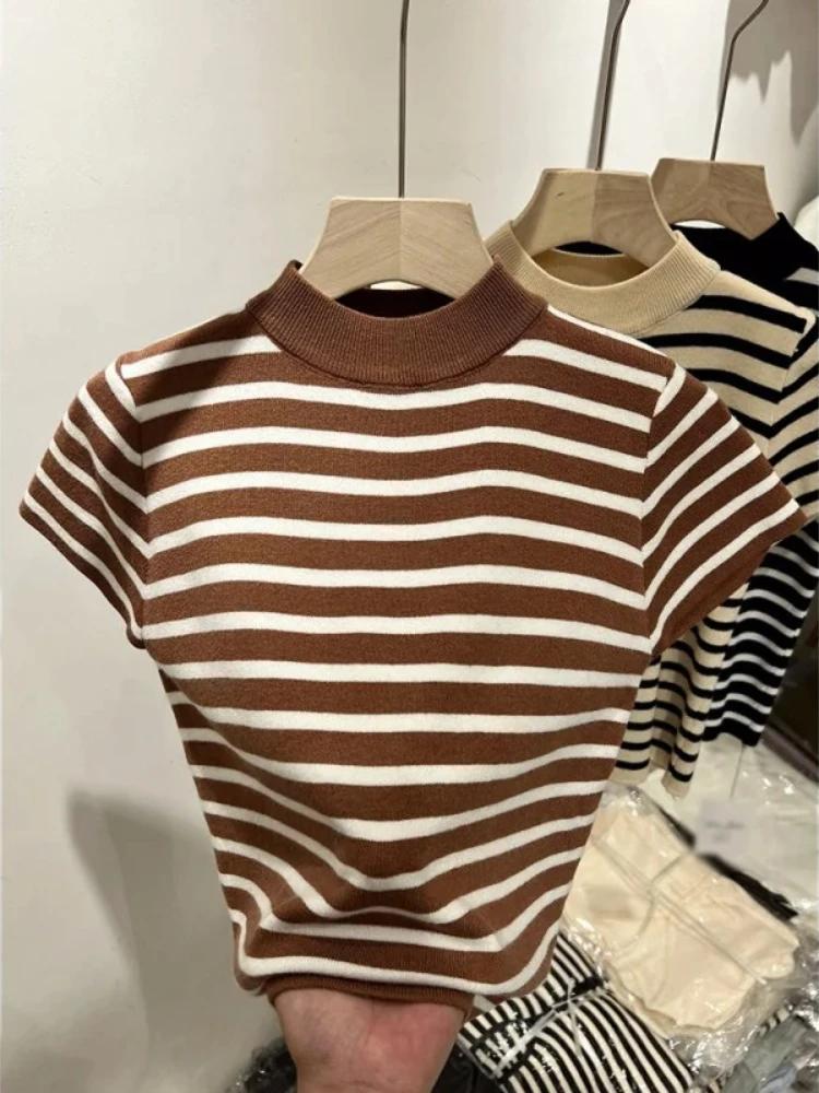 Pull à col roulé rayé pour femme, haut ajusté, chemise à manches courtes, début du printemps et de l