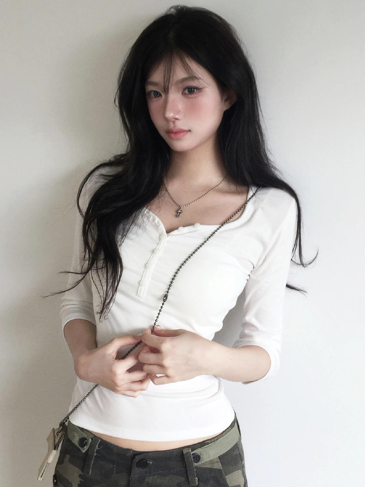Dulzura automne solide col rond demi manches simple boutonnage mince T-Shirt femmes décontracté poly