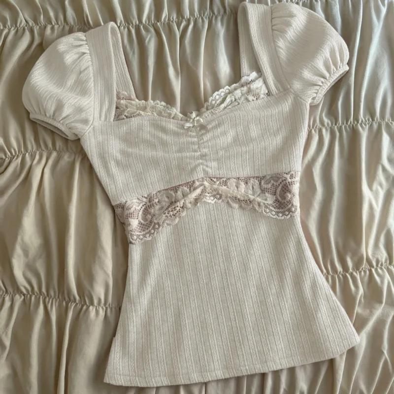 Hauts Y2K Grunge à manches courtes pour femmes, chemise estivale en dentelle patchwork, style coquet