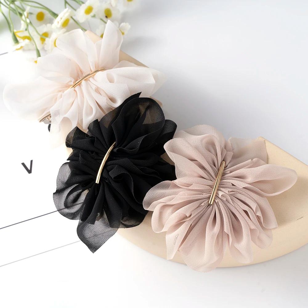 Grand printemps pinces à cheveux femmes métal mousseline de soie fleurs élastique pour queue de chev
