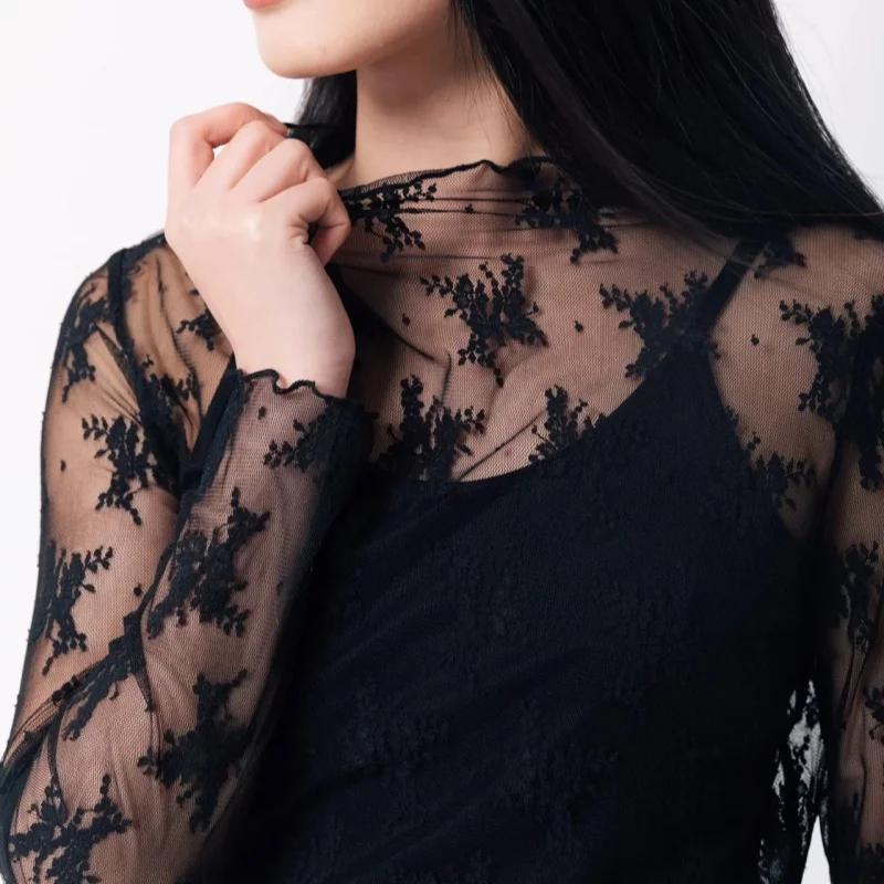 Chemisier à fond en dentelle pour femmes, T-shirt à manches longues en maille, haut court, Style étr