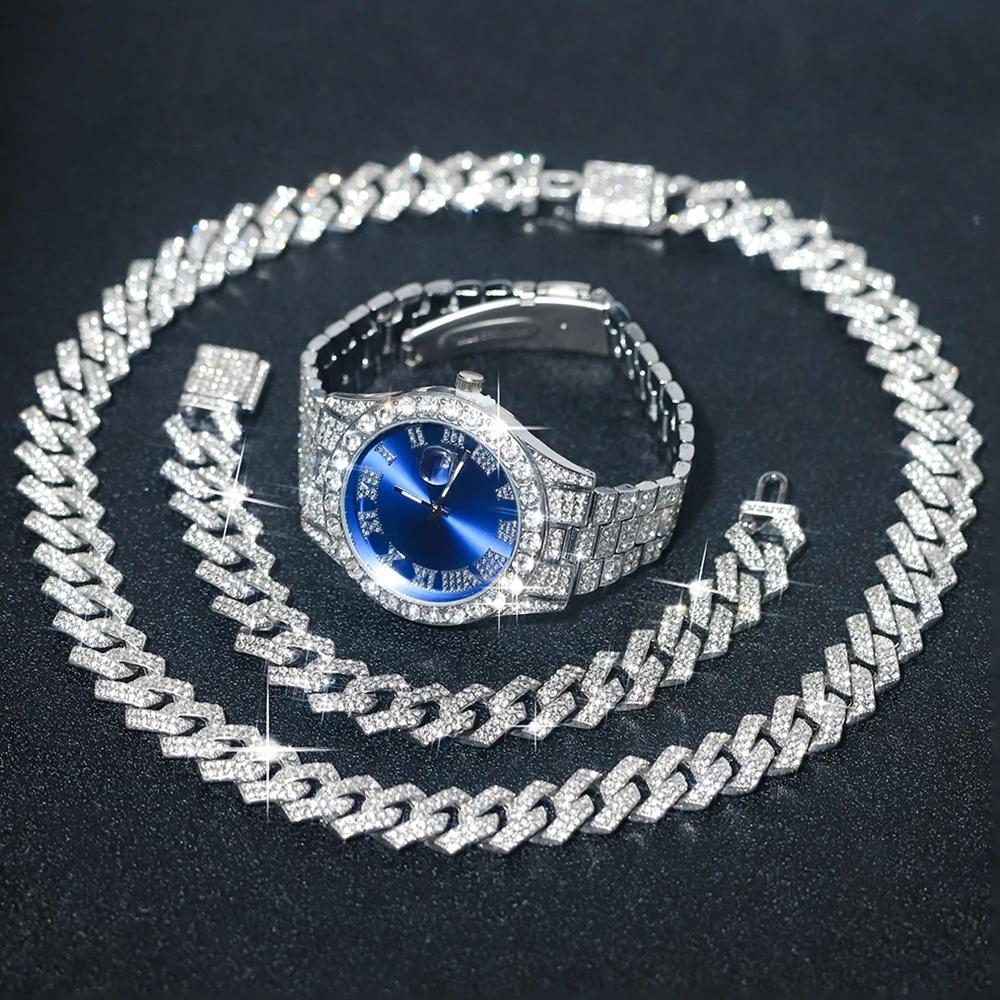 Ensemble de montres en argent pour hommes, 3 pièces, Hip-hop Punk incrusté de diamants + chaîne cuba