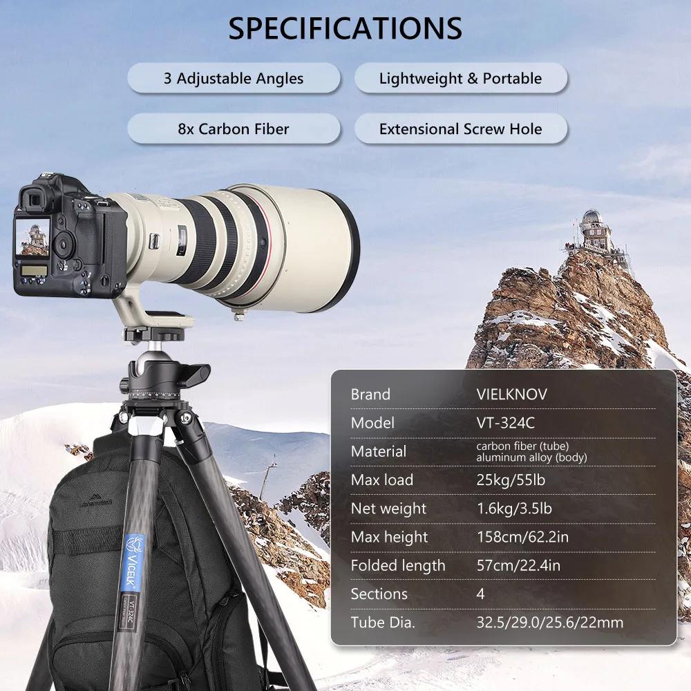 ELK 158cm Compact Carbon Fiber Trépied 32mm Tube rapDuty Camera Travel Trépied pour appareil photo r