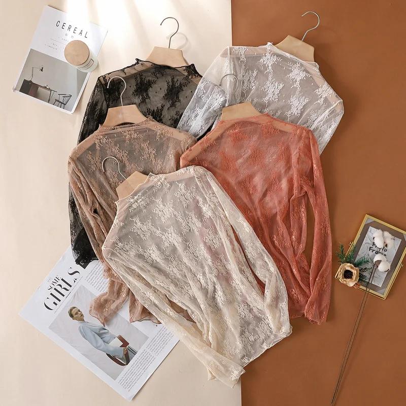 T-Shirts en maille pour femmes, chemisier en dentelle transparente, manches longues, hauts transpare