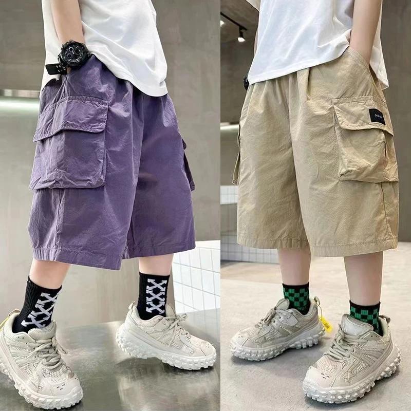 Shorts d'été pour garçons de 3 à 14 ans, nouvelle mode, en coton, avec grandes poches, demi-pantalon