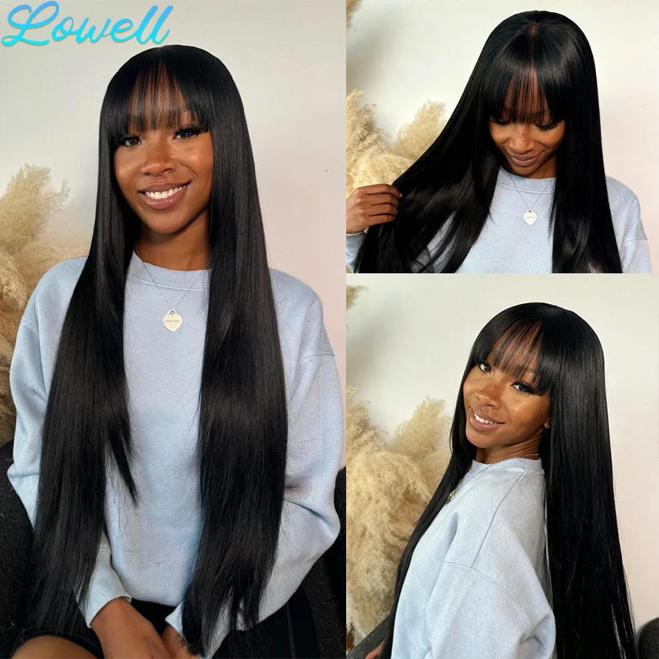 Perruque en cheveux humains lisses avec frange, densité 220, 30 pouces, brésilienne, perruques en de