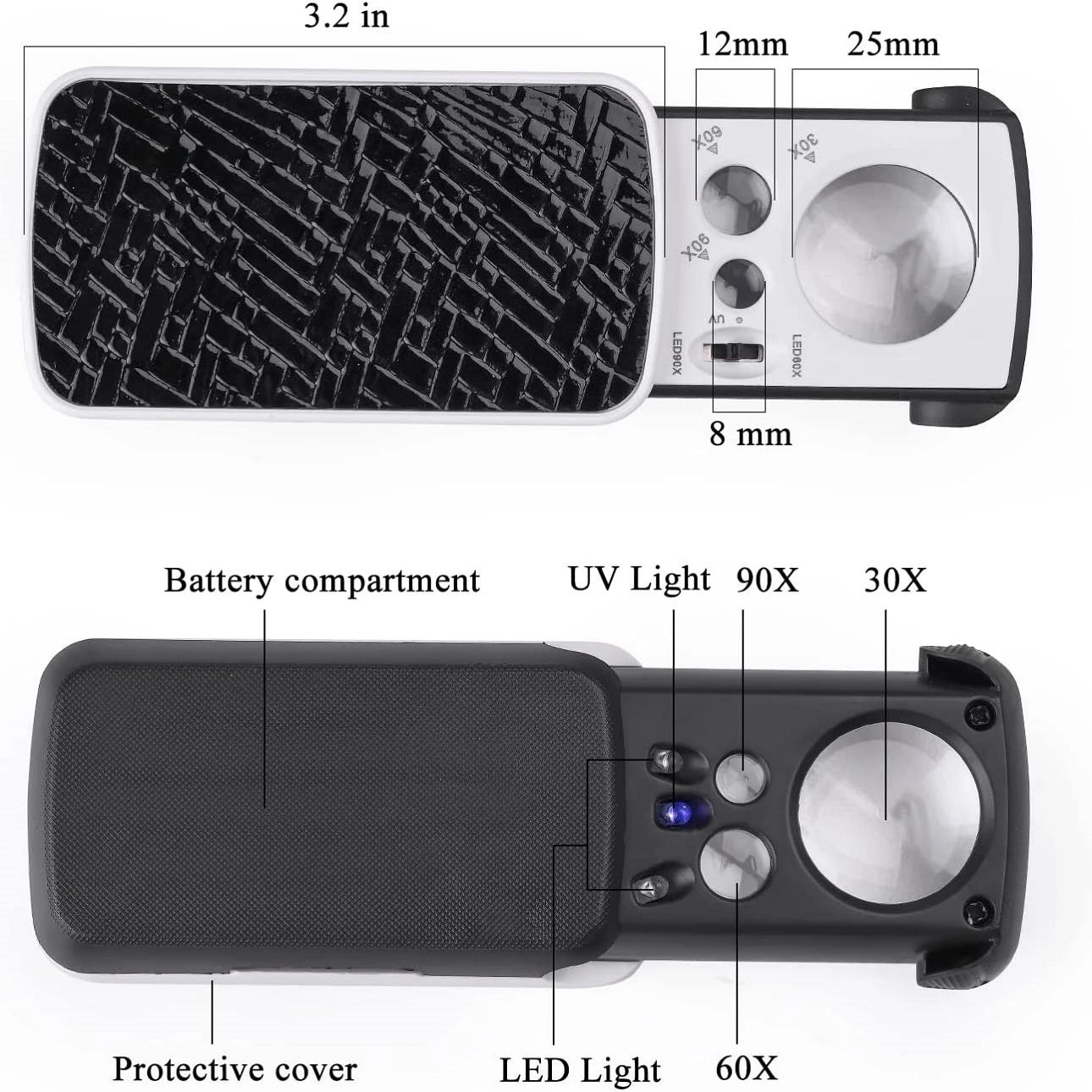 Loupe de bijoux avec lumière UV LED 30X 60X 90X, Loupe oculaire de bijoutier pliable pour pierres pr