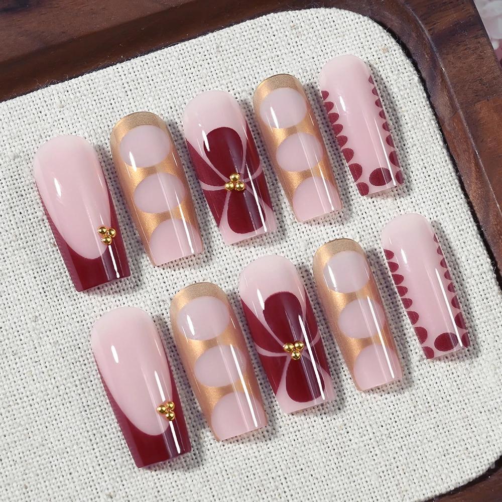 Faux ongles français en forme de cercueil, fleur rétro, longs, Caviar, perle florale, or, Design cre