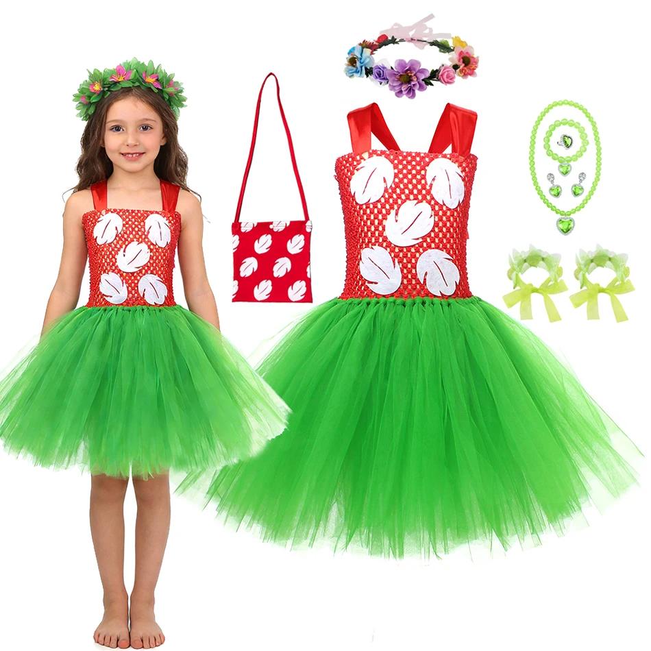Costume d'Halloween pour filles, robe de fête hawaïenne à fleurs rouges et vertes avec couronne, ten