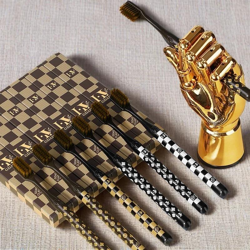 6 dans une boîte ; Brosse à dents à poils souples de haute qualité, manche en soie fine de luxe, têt