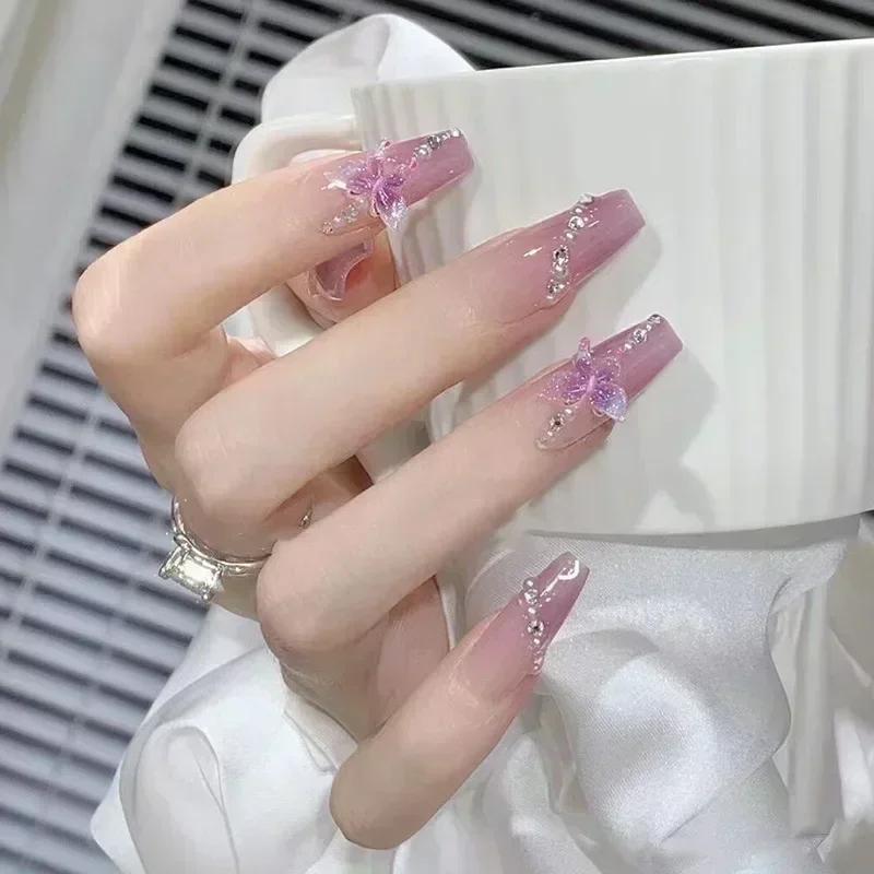 Faux ongles de Ballet rouge, 24 pièces, papillon, paillettes courtes avec strass, Design français, c