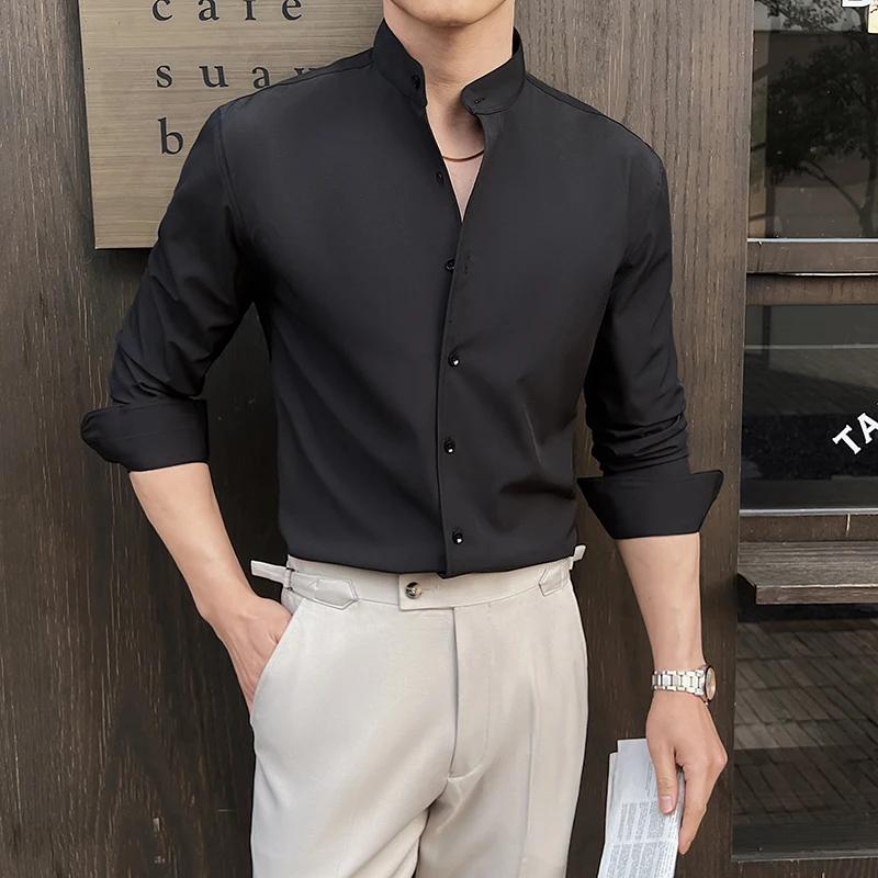 Chemise à col montant pour hommes, nouveau Style chinois, haut de gamme, manches longues, élastique,