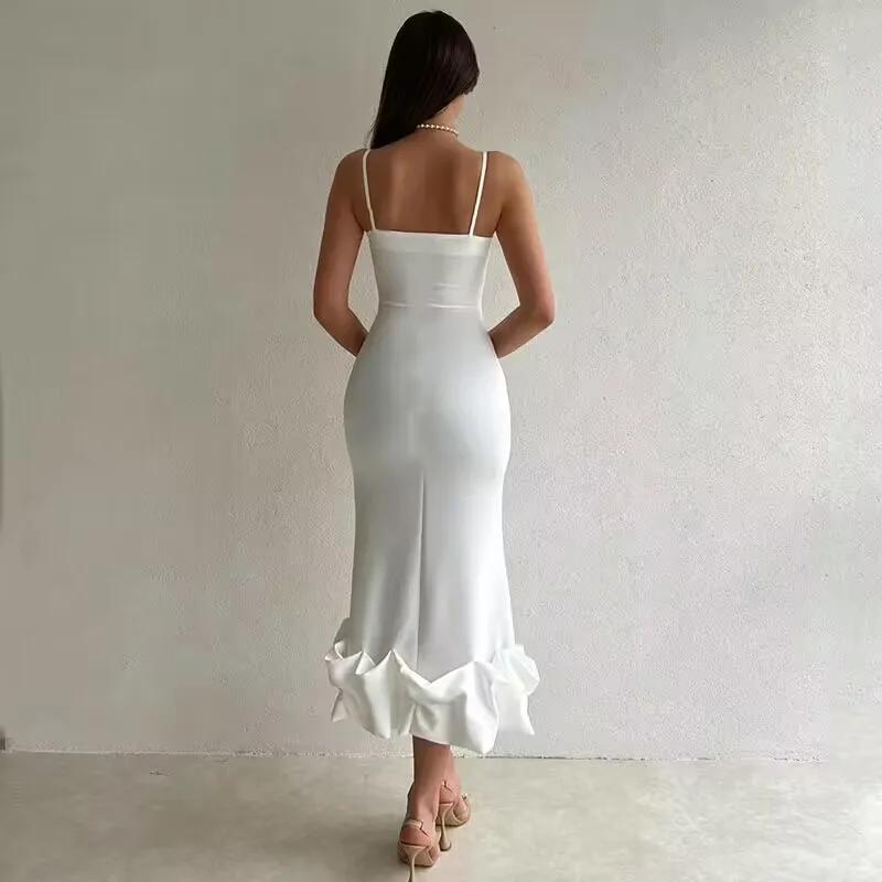 Robe mi-longue Sexy sans manches, dos nu, mode d'été, moulante, élégante, à volants, pour fête d'ann