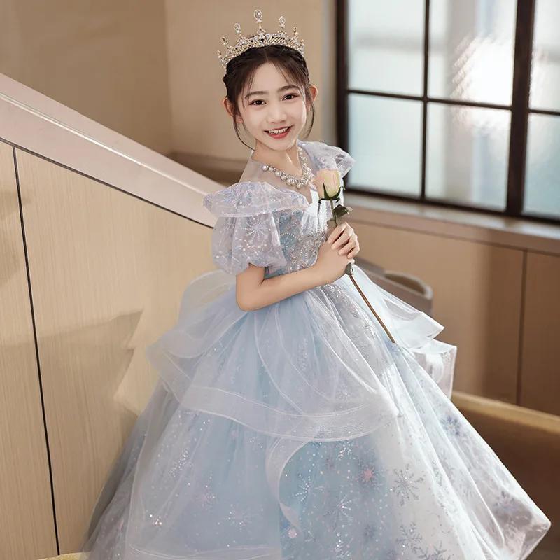 Robe de princesse bleue haut de gamme pour filles, robe de bal bouffante de luxe en Tulle, robe de s